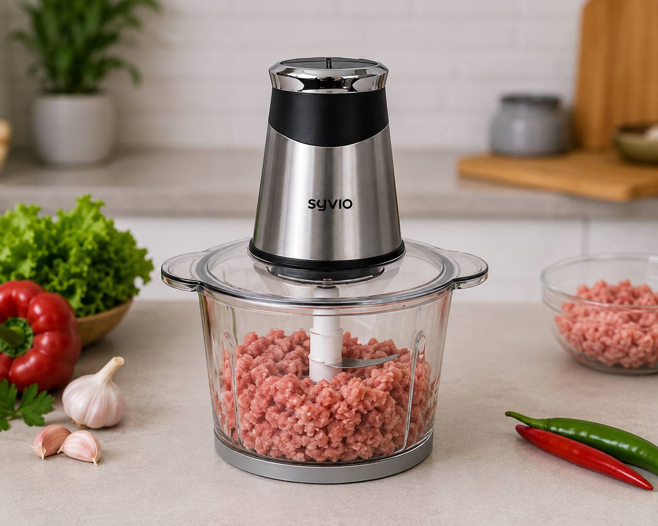 خردکن برقی SYVIO مدل BM-217A3L | موتور ۴۰۰ وات | کاسه استیل و شیشه‌ای
